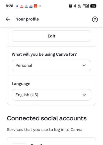 Canvaのアカウント設定で言語を変更する画面